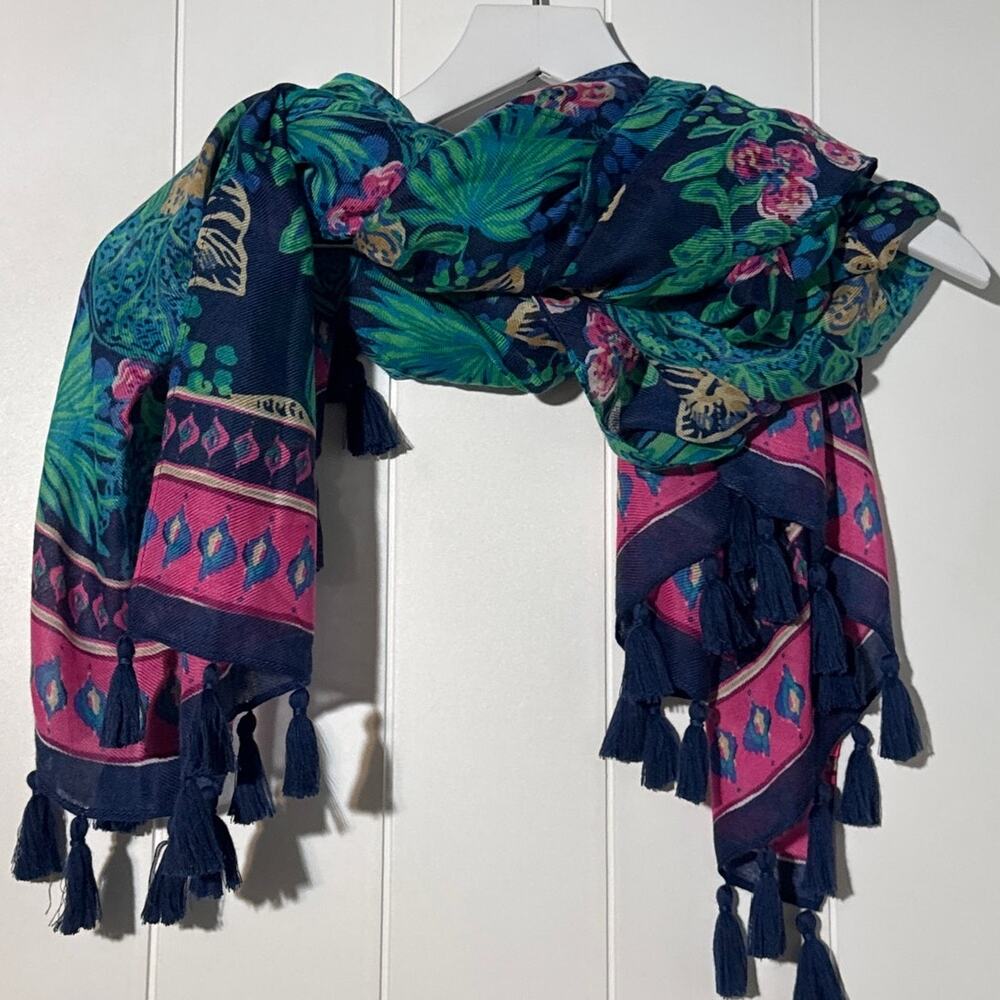 Lilly Pulitzer Women's Tassel Scarf Blue Pink Floral 74x60